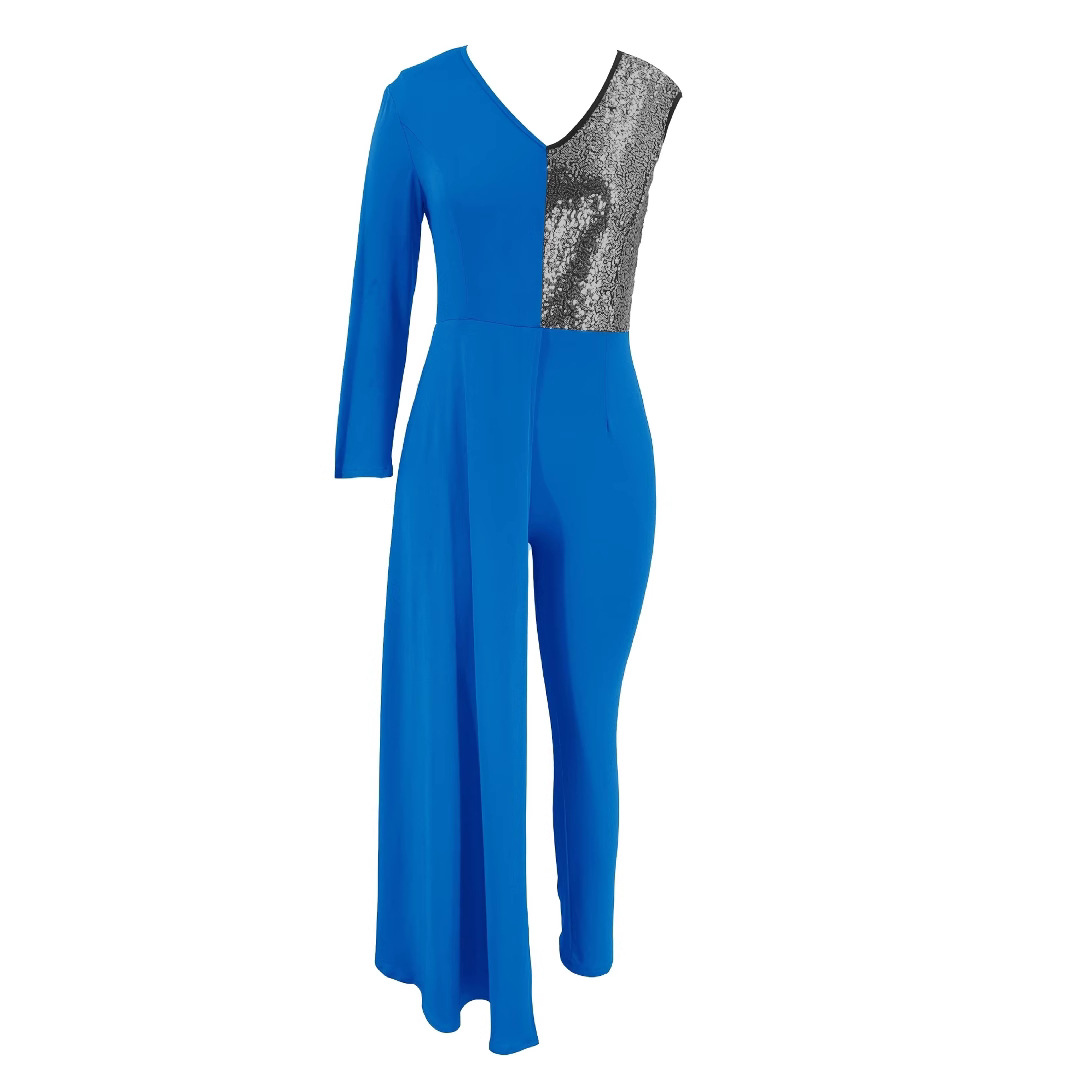 Cross-border Mujeres de Europa y América del mono de moda sexy V-cuello de lentejuelas costura delgado de un solo hombro fiesta noche mono