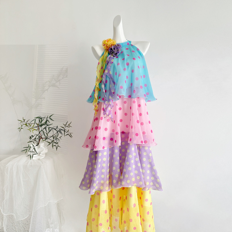 "Xinxing" New Summer Style Candy Girl Cute Style Halter Neck Floral Colorful Polka Dot Layered Cake Dress Long Dress