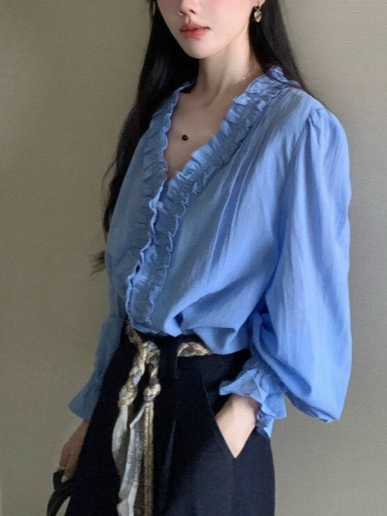 法式小资蓝色木耳边长袖衬衫女秋季新款高级感宽松显瘦喇叭袖上衣|undefined