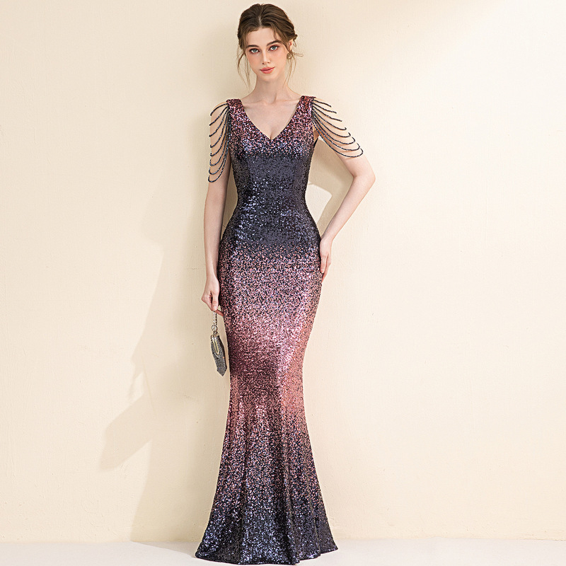 Evening dress women's high-end banquet elegant simple Hepburn style company annual meeting host sequined long dress