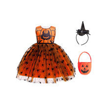 万圣节新款印花网纱连衣裙裙女巫帽蓬蓬裙三件套装欧美女童裙936