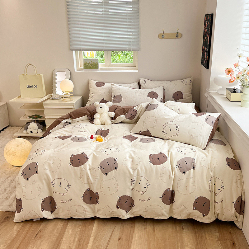 Juego de Ropa de Cama de Algodón Puro Cepillado 2024, Juego de Cuatro Piezas con Funda Nórdica, Sábana Bajera Ajustable, Juego de Tres Piezas para Dormitorio, Lujo Ligero de Invierno