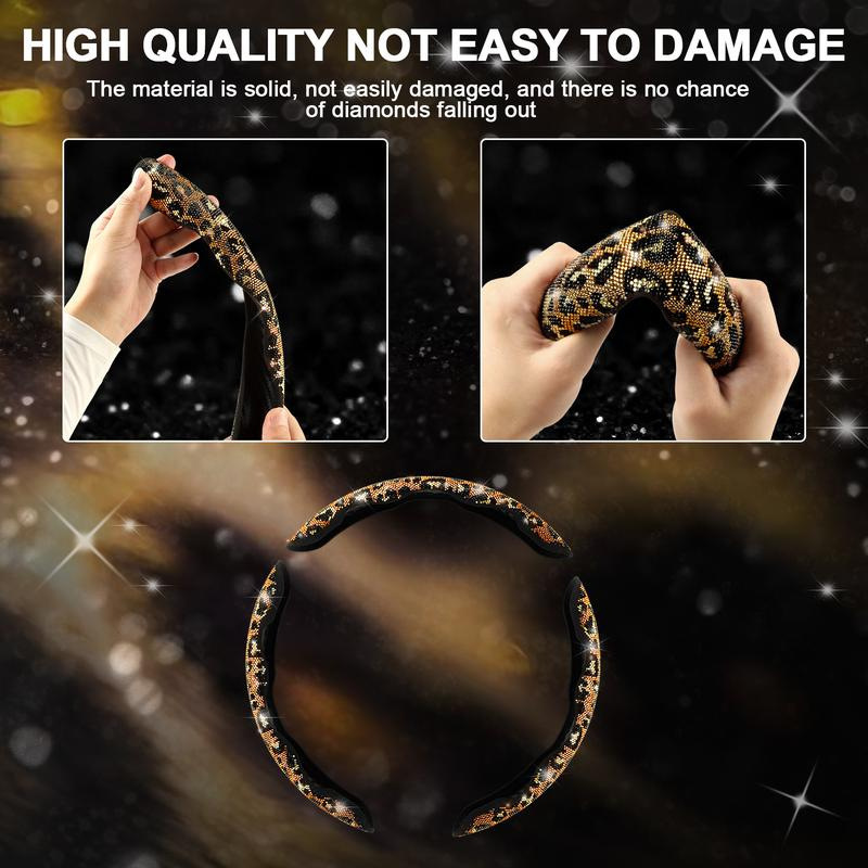 Leopard print diamond-studded crystal car steering wheel cover, trendy and shiny interior modification set for girls, universal car steering wheel cover