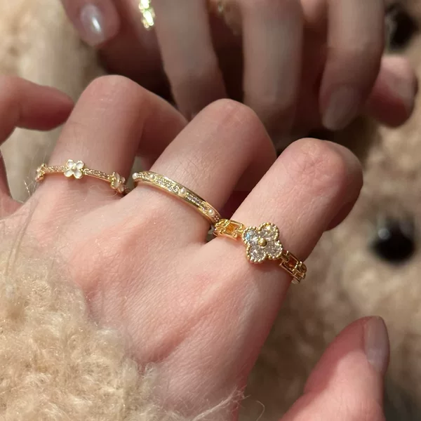 Real Gold 24K Electroplating Strong Color Retention Ins Korean Fashion Full Diamond Lucky Four-Leaf Clover Ring Accessible Luxury High-End Ring