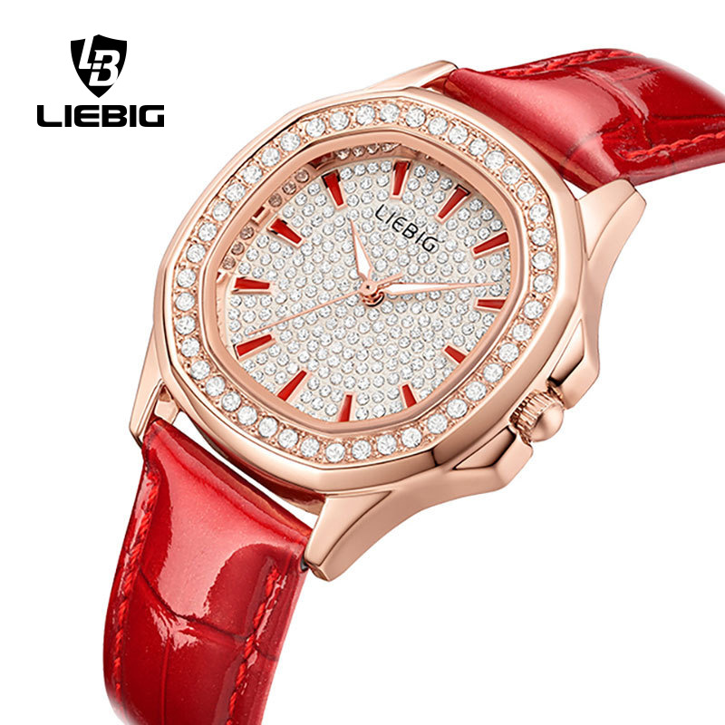 LIEBIG Full Sky Star Full Diamond Genuine Leather Watch Strap Women's Watch Watch Watch, Foreign Trade Waterproof Quartz Women's Watch, Wholesale of Women's Watch