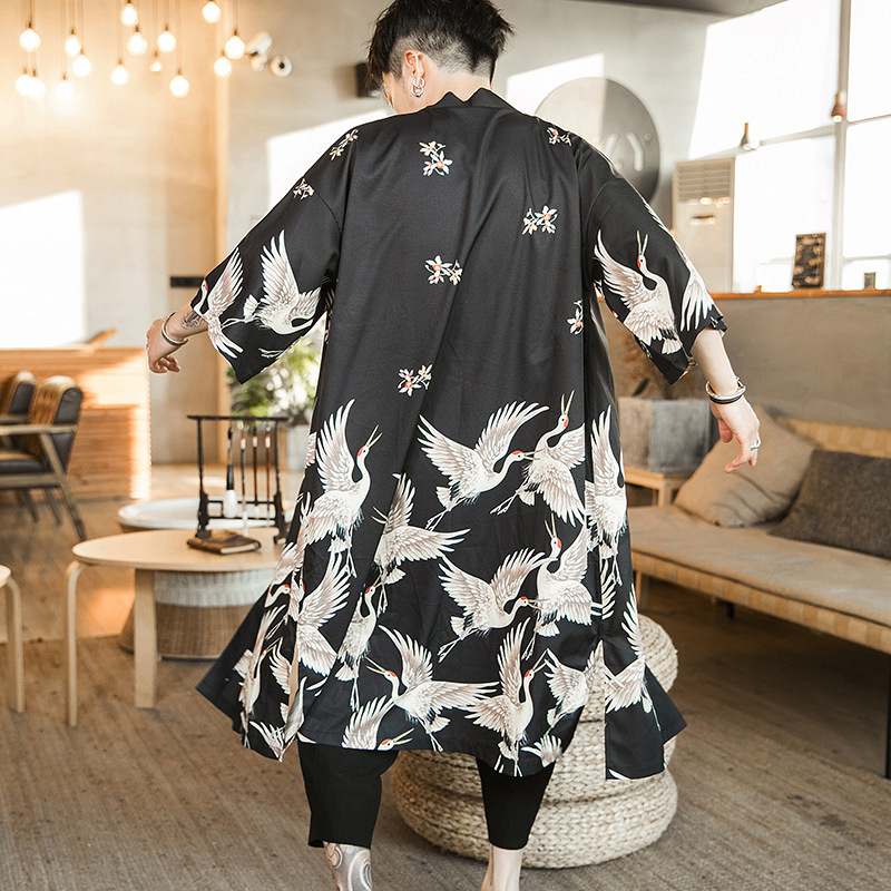Summer new Chinese style men's loose long crane printed kimono plus size Japanese retro cardigan cloak men
