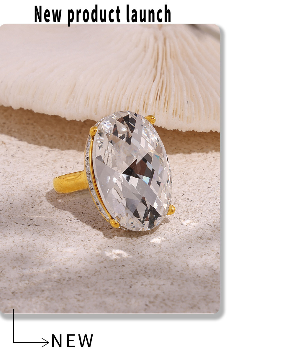 Oval Diamond Large Glass Ring Gold Plated Retro Statement Ring_voghion.com