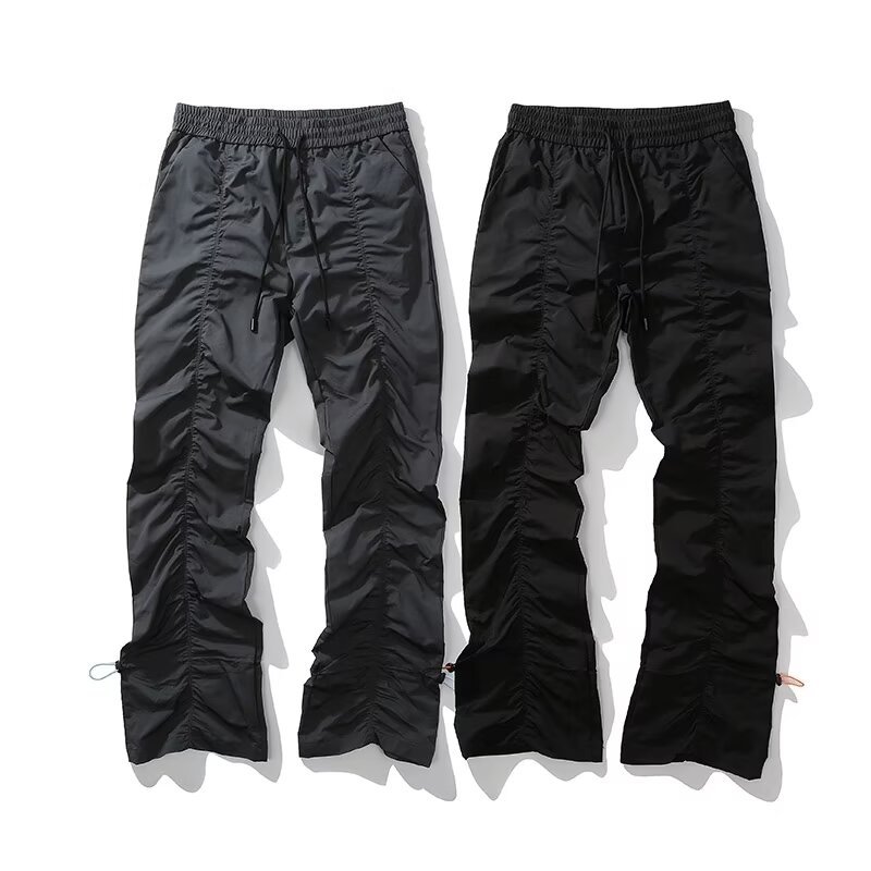 Men's High-Street Vibe Pleated Cargo Pants – Drawstring Waist & Stacked Hem With Slight Flare (S-XXXL, Grey/Black)_voghion.com