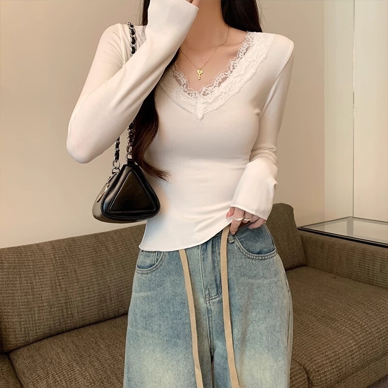 蕾丝打底衫女早秋季2025新款小香内搭长袖恤纯欲领茶艺白色上衣|undefined