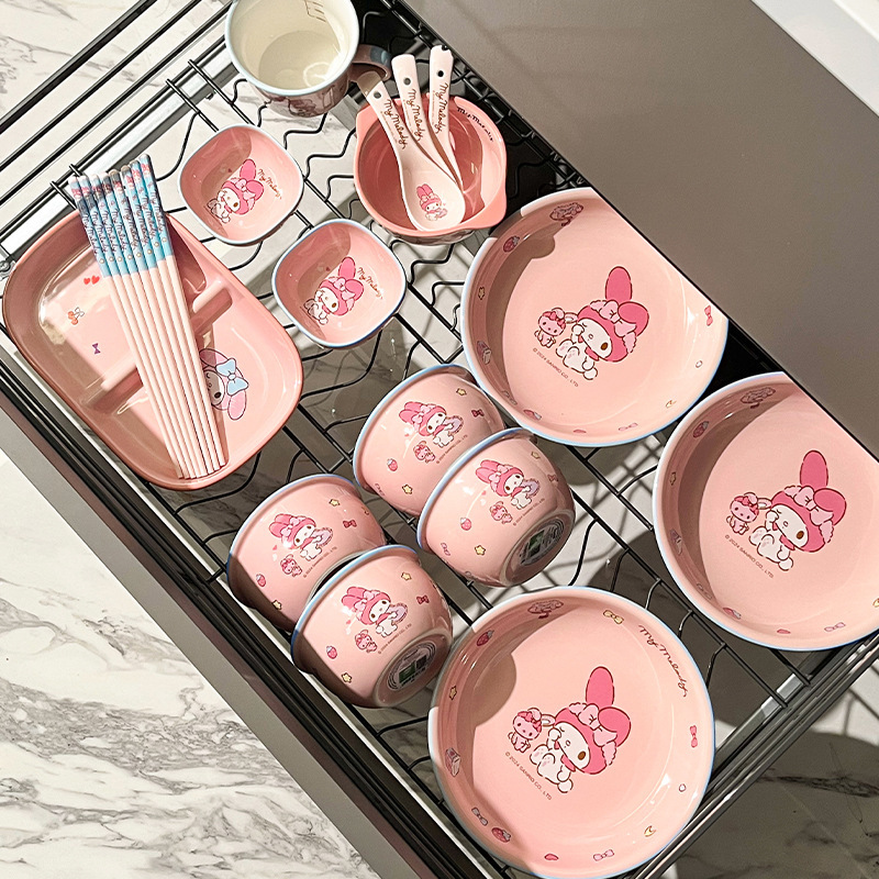 Melody Ceramic Bowl Household Cartoon Ceramic Tableware High-Value Bowl and Plate Set Free to Match Spoon and Water Cup