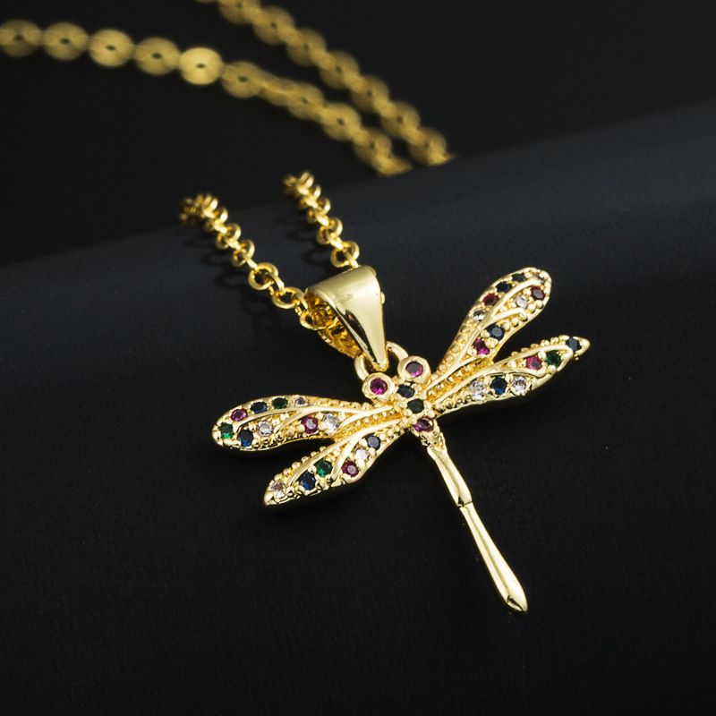fashion Copper Plating 18K Gold Micro Inlaid Zircon Dragonfly Pendant Necklace