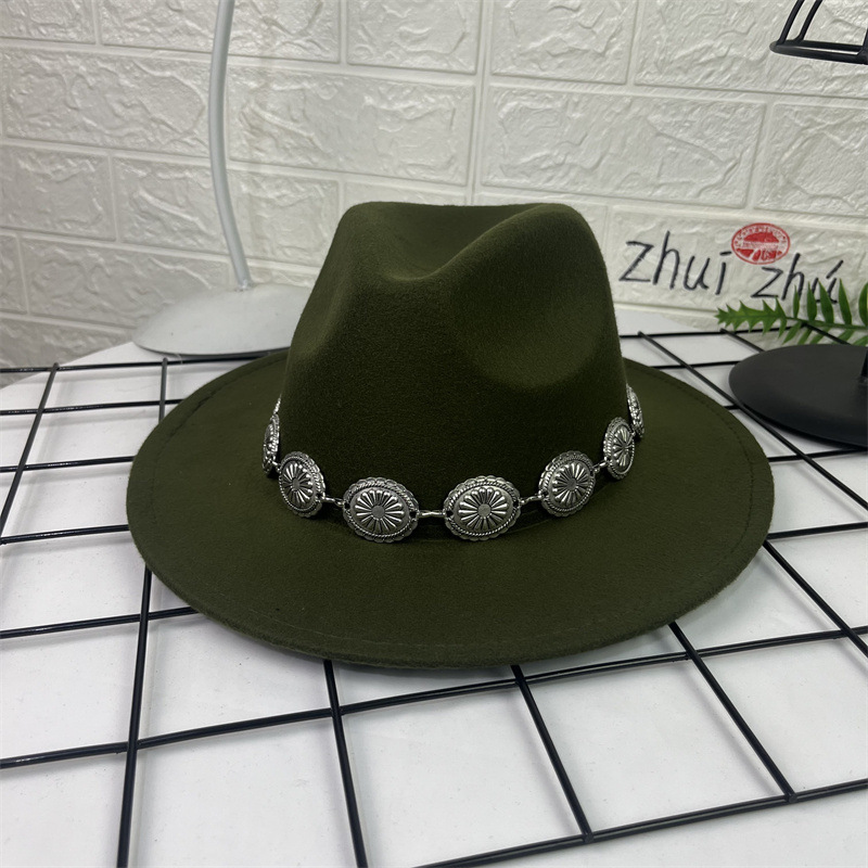 Sombrero de lana europeo y americano sombrero de fieltro de estilo británico decoración de cadena ovalada AliExpress sombrero de jazz borde plano sombrero superior para hombres
