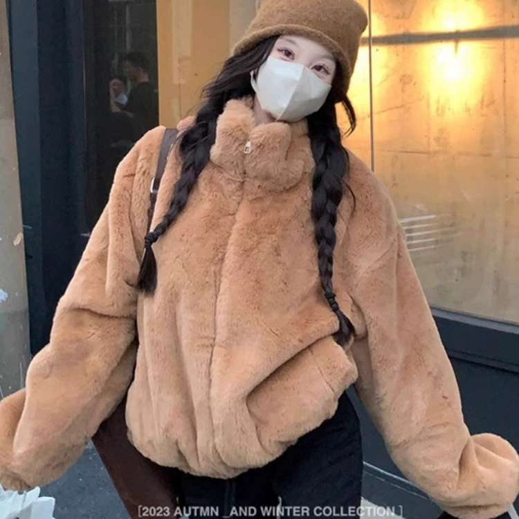 Толстая теплая коричневая шерстяная куртка женский зимний 2024 новый маленький маленький свободный плюшевый куртка с воротником