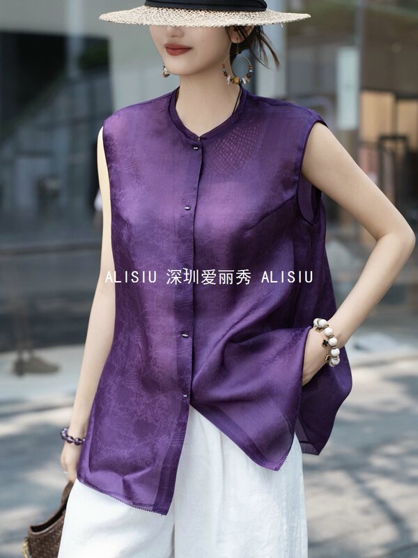 Minimalist Style Sleeveless Silk Organza Top with Jacquard Design and Single-Breasted Purple Mulberry Silk Shirt for Commuting Minimalist Style Sleeveless Silk Organza Top with Jacquard Design and Single-Breasted Purple Mulberry Silk Shirt for Commuting