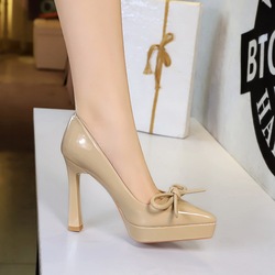 8399-H105 European and American style thick heel high heels, women's pointed shallow mouth patent leather waterproof platform bow temperament single shoes