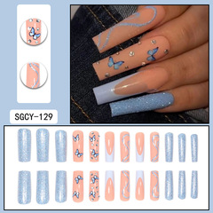 Long French-style water pipe nails with butterfly-shaped crushed rhinestones—European and American Instagram-inspired design, easy-to-wear strip-on false nails, ready-made patches