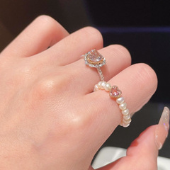 粉色愛心鋯石珍珠戒指在逃公主小眾食指戒高級感百搭溫柔氣質指環