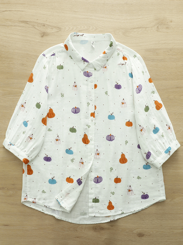 Double-Layer Cotton Gauze Half-Sleeve Shirt for Women with Artistic and Fun Cartoon Prints, Soft, Skin-Friendly, Breathable, Pure Cotton Mid-Sleeve Top Double-Layer Cotton Gauze Half-Sleeve Shirt for Women with Artistic and Fun Cartoon Prints, Soft, Skin-Friendly, Breathable, Pure Cotton Mid-Sleeve Top