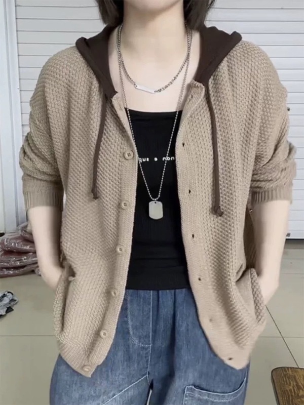 早秋冬新款文艺复古连帽针织开衫女宽松休闲显瘦长袖外穿毛衣外套|undefined