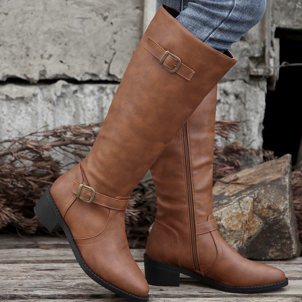 New big size round head solid color belt buckle big size heel knight boots woman_voghion.com