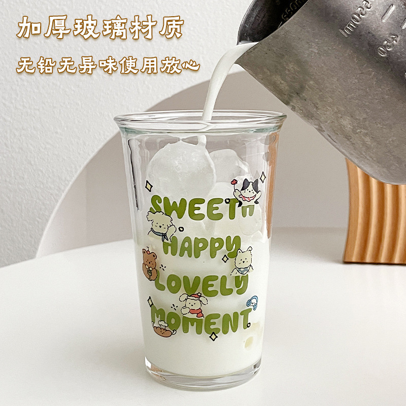 高颜値女性冷たいドリンクカップかわいい厚いガラスカップ学生コーヒーミルクカップ漫画ジュース飲料カップ|undefined