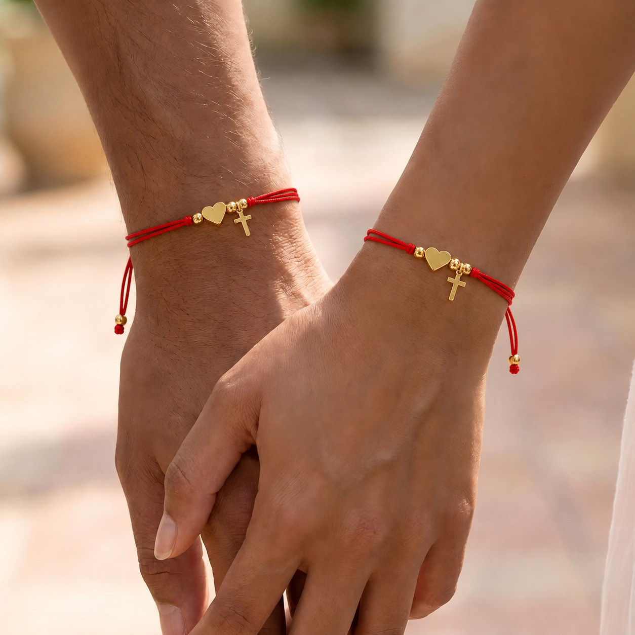 Red rope couple's bracelet, mixed material metal heart cross pendant, hand-woven religious totem jewelry