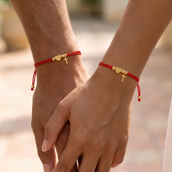 Red rope couple's bracelet, mixed material metal heart cross pendant, hand-woven religious totem jewelry