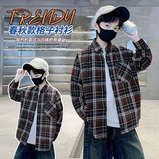 Boys' Autumn Long-sleeved Plaid Shirt Jacket 2023 New Children's Spring and Autumn Style Handsome Shirt Medium and Large Children's Thin Shirt