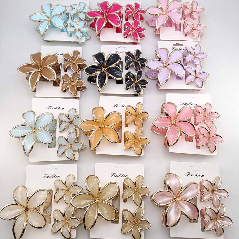 Three-Piece Set of New Large and Small Colorful Gold-Edged Plumeria Sweet Hair Clips for a Fashionable Half-Up Hairstyle Three-Piece Set of New Large and Small Colorful Gold-Edged Plumeria Sweet Hair Clips for a Fashionable Half-Up Hairstyle