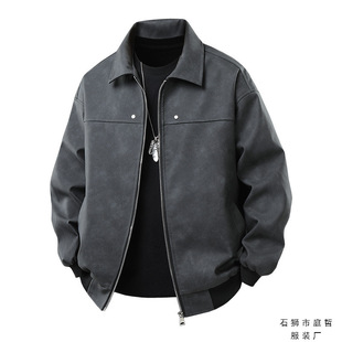 Spring and Autumn Popular Pu Leather Jacket Men's Lapel Cycling Motorcycle Leather Jacket Men's 3D Picture American Street Retro Leather Korean