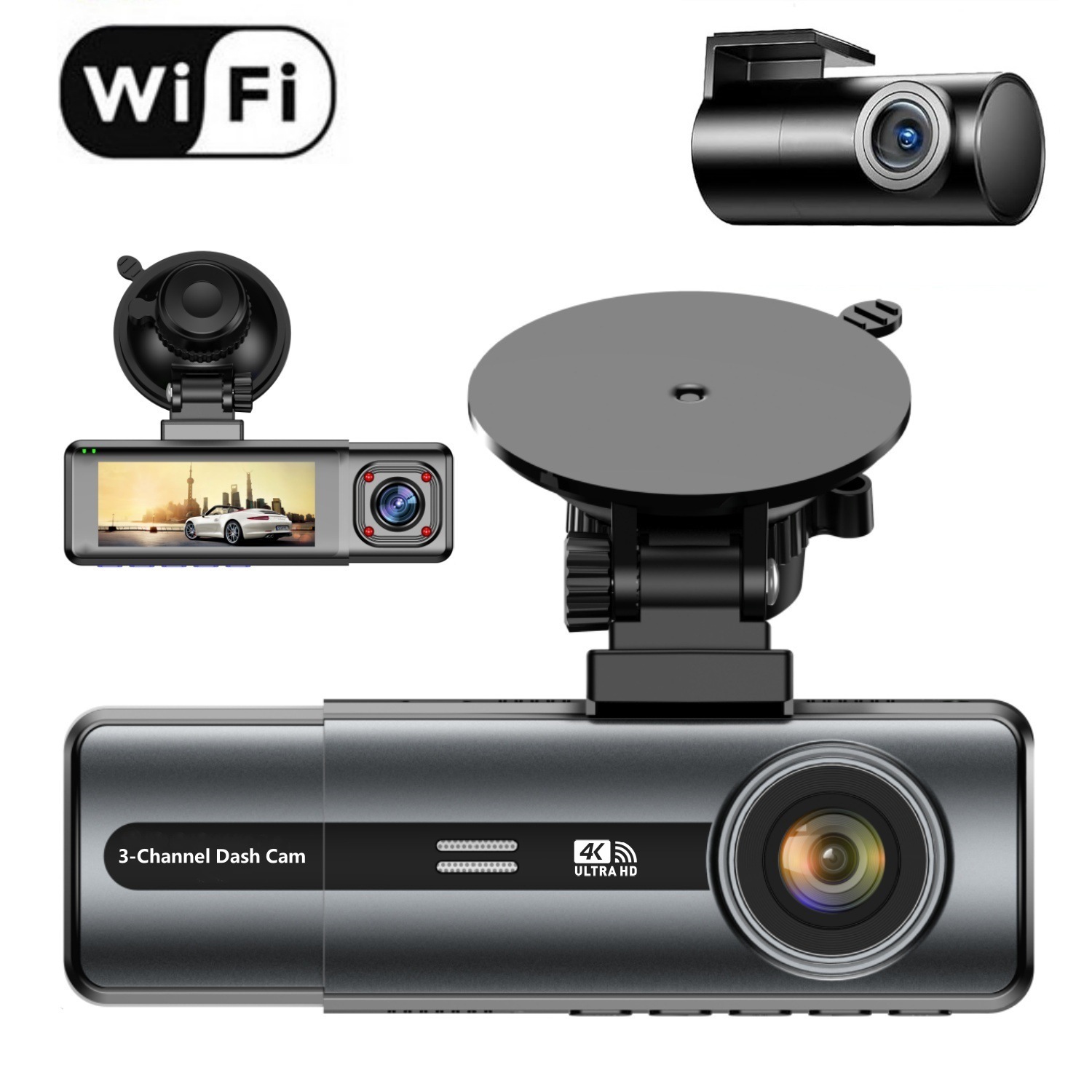 (2개) 국경 간 새로운 3 기록 주행 레코더 3.16 인치 IPS 개인 모델 더블 녹화 4K 1080P 3 화면 디스플레이