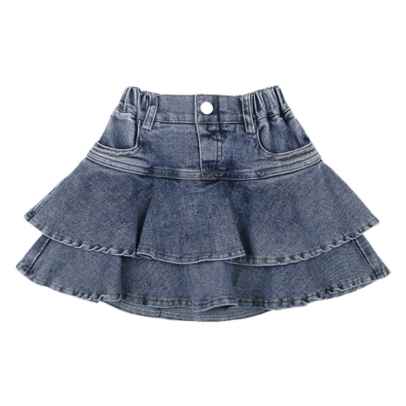 Elmo Beibei Girls Korean Sweet Cool Hot Girls High Elastic Denim Pleated Skirt Summer Children's Fake Two-Piece Culottes