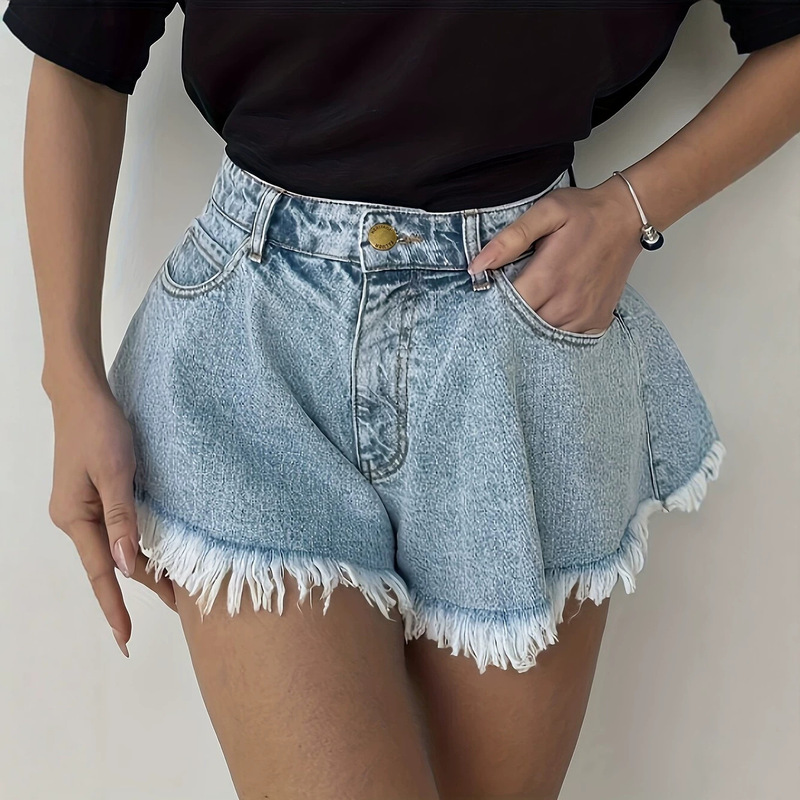 2026 Aliexpress Summer Women's Versatile Fringed Shorts American Street Style Loose Fashion Jeans in Stock
