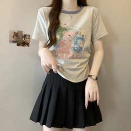 日系涂鸦卡通小熊撞色短袖t恤女夏季纯棉减龄甜妹收腰显瘦上衣潮