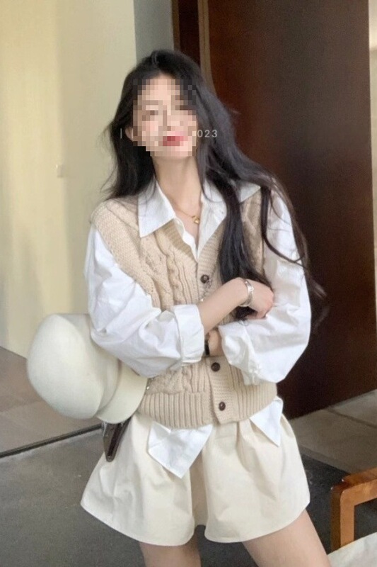 Spring and Autumn Matchinging Set of Women's Korean Preppy Style Knitted Cardigan Vest and Long-Sleeved Shirt Two-Piece Set