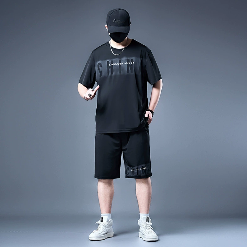 «73729-Pure-Black-1117 Bingshi Short T-black 1118 Pants Set Summer Set Trends Large-size Men's»