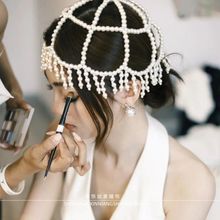 欧美新款编织珍珠流苏帽链新娘气质高级感百搭发饰旅拍造型配饰