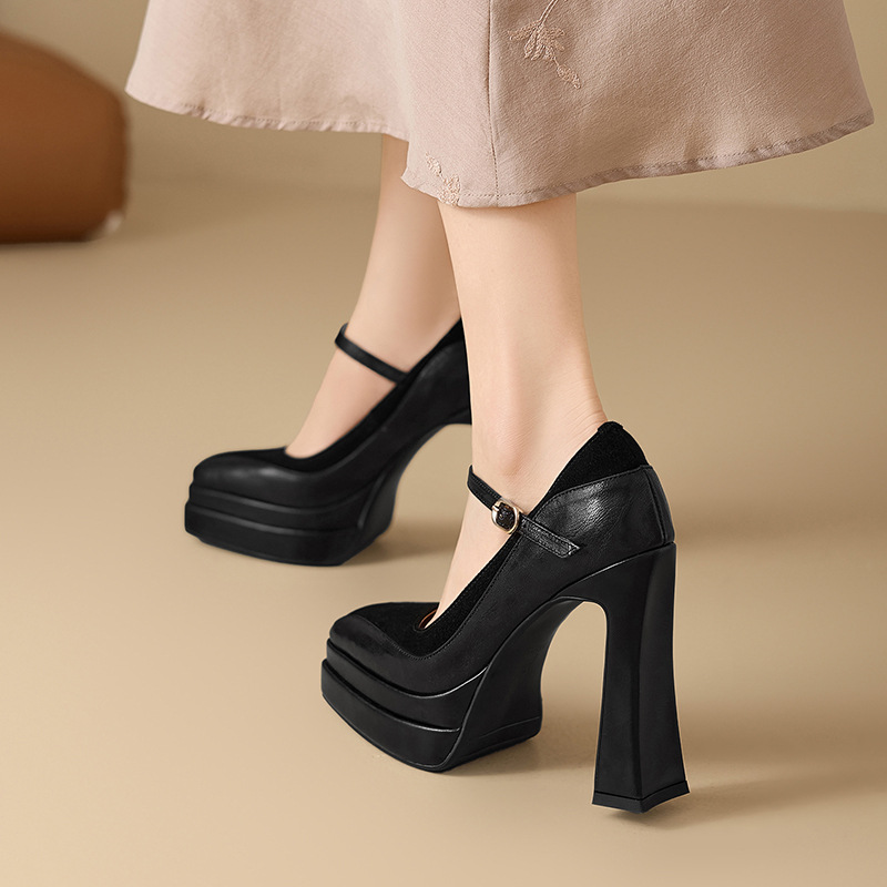 Giày Mary Jane nữ mũi vuông gót vuông đế platform cao 9 cm, da thật, quai ngang có khóa — màu nâu, màu đen