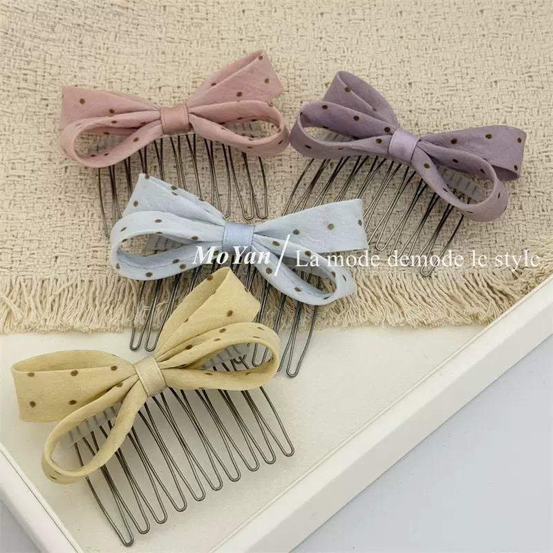 韩版波点蝴蝶结发梳发夹前额侧边齿梳刘海夹春夏碎发插梳防滑发卡