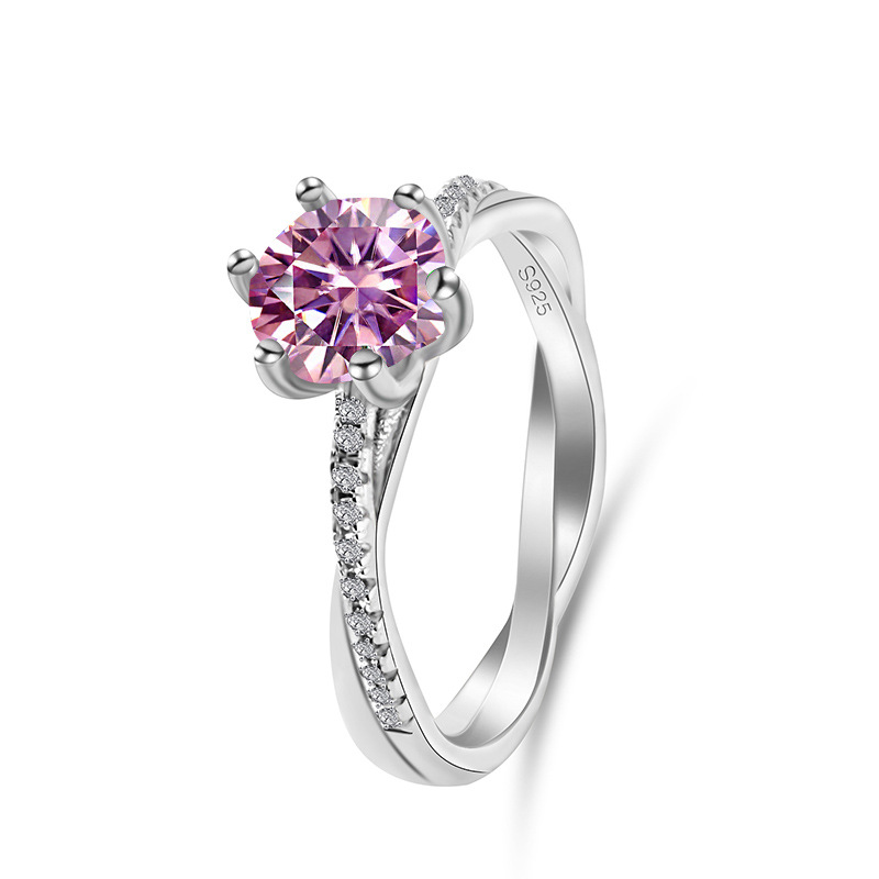 Multicolor Moissanite brazo de torsión clásico de seis garras con anillo de boda de plata de 925 1 quilates PT950 platino mujer