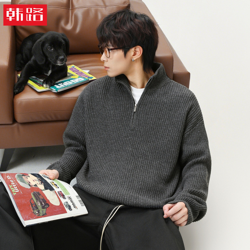 Half-Zip Stand-Up Collar Knitwear Men's Autumn and Winter New Style Loose Imitation Deer Plush Lazy Style Warm Knitwear Jacket