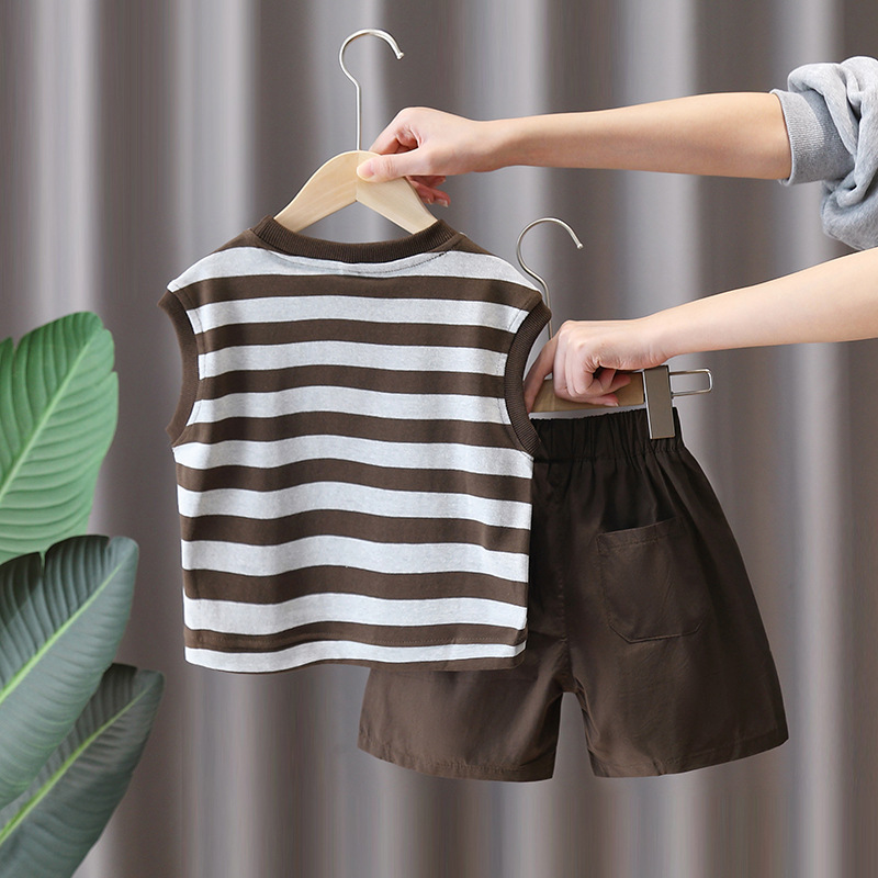 7389 Traje de verano para niños 2025 Nuevo chaleco a rayas sin mangas para niños Verano delgado Versión coreana de dos piezas Verano