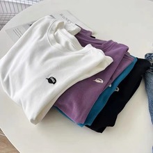 韩版正肩/磨毛简约短袖t恤日常小众棒球帽刺绣圆领打底上衣春夏t