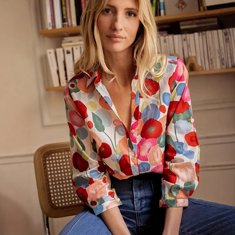 Cross-Border Export 2025 Tropical Flower Print Women's Fashion Long-Sleeved Shirt New Hot-Selling Floral Shirt