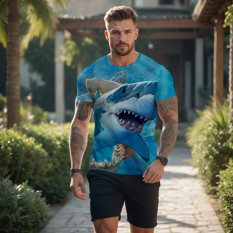 2026 Men's T-Shirt Top Animal 3D Print Sports Casual European and American Short Sleeve Aliexpress Shark Factory Direct Sale