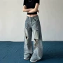 拖地夏季宽松美式牛仔裤