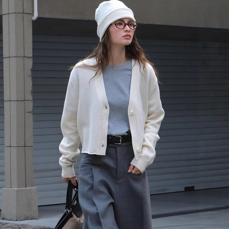 Xuman Autumn and Winter New Korean Style Simple Textured Wool V Neck Knitted Cardigan Soft Waxy Fluffy Casual Top for Women