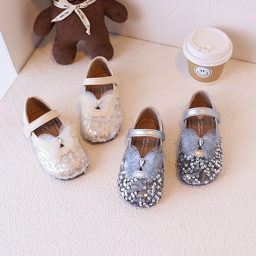 Autumn Korean-style shiny sequin winged shallow mouth poodle shoes with soft soles for girls and children princess single shoes