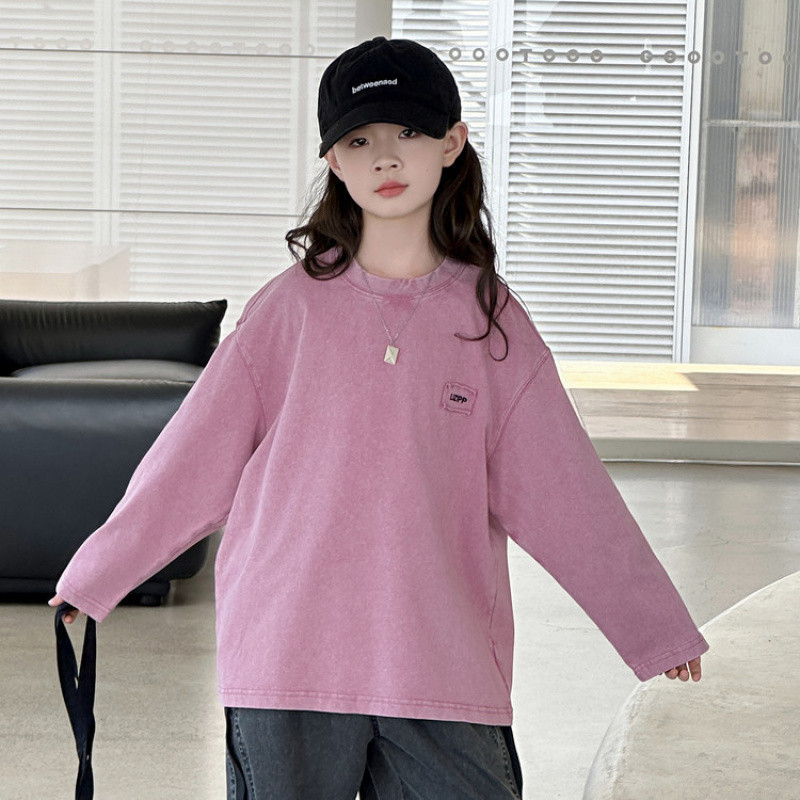 Zhili children's clothing 2026 girls' retro color retro outerwear round neck T-shirt early autumn new style girls' fashion letter print