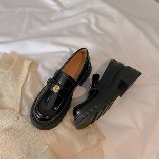 High heel gold coin Camellia loafers women's 2023 autumn and winter retro single-layer shoes British style heightened platform leather shoes
